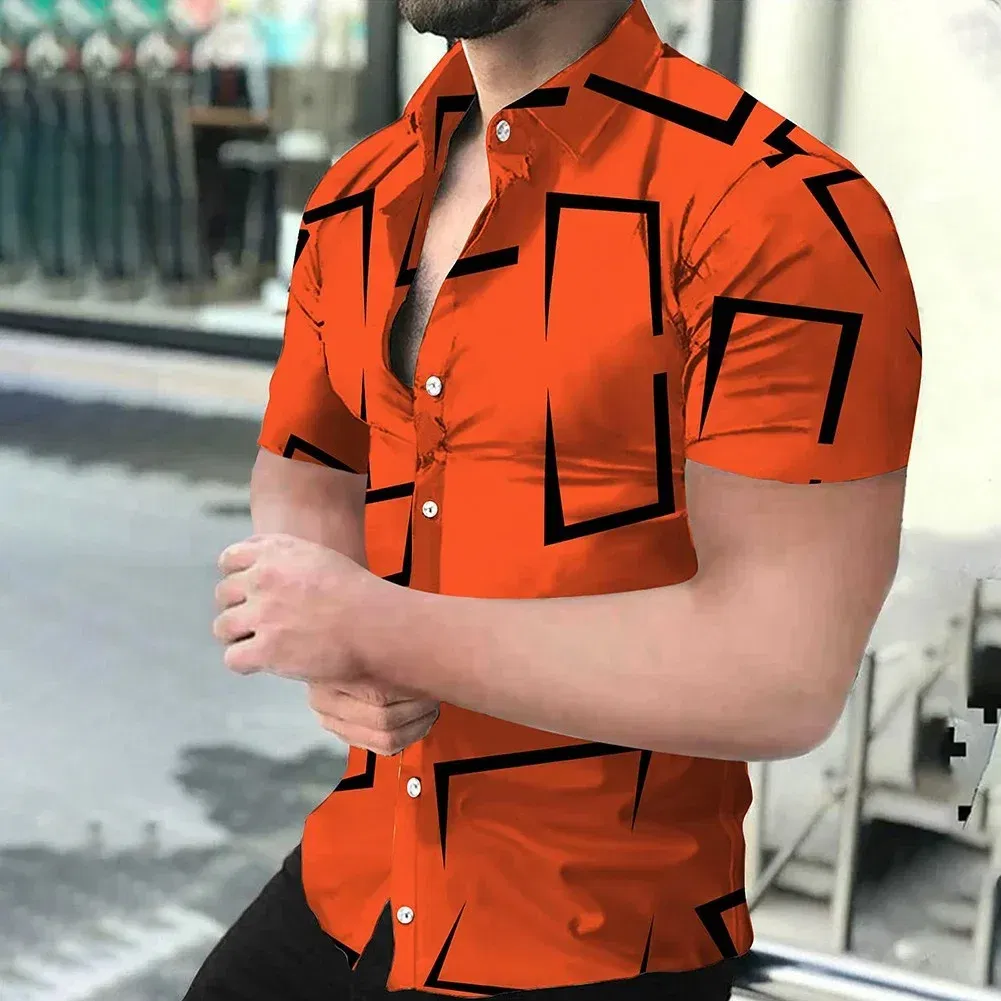 Color: Gold, Size: 5XL - 3D Men's Striped Printed Short Sleeve Shirt, Fashionable And Casual Loose Shirt, 2023 New Style.
