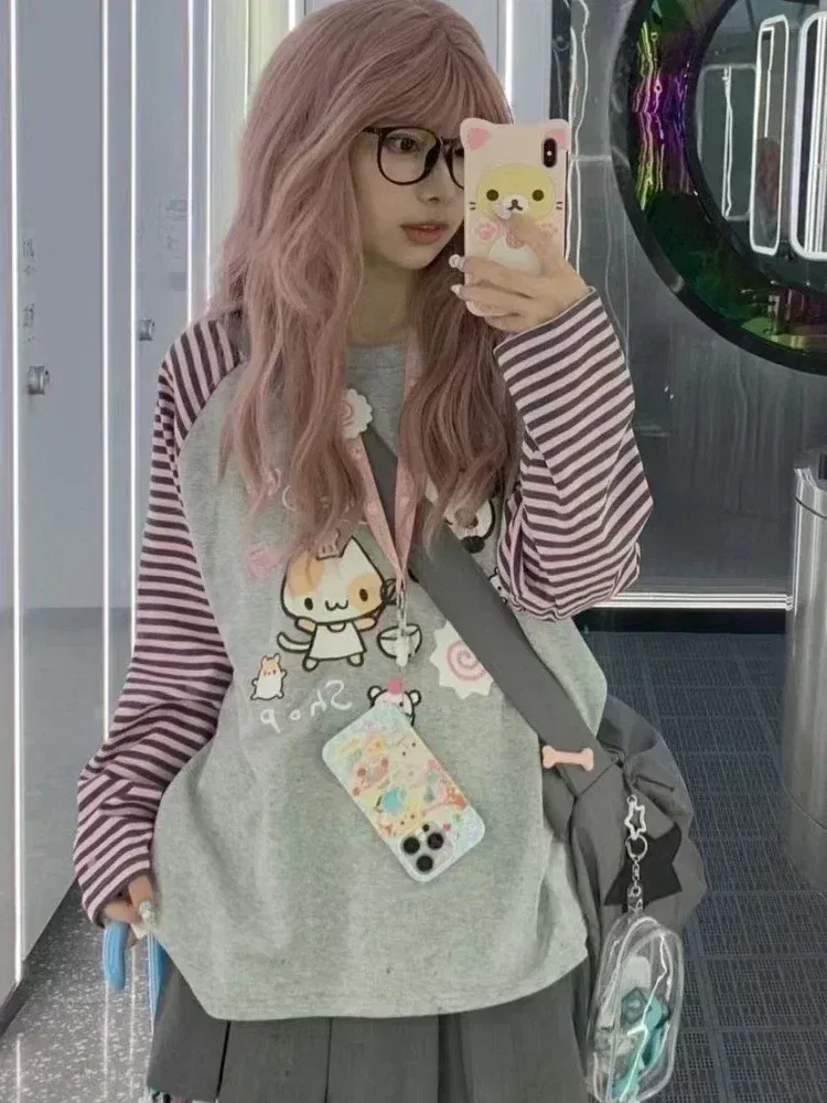 Color: Beige, Size: L - Grey Pink Striped Panda Print Long Sleeve Shirts Y2k Cartoon Japanese Harajuku Kawaii Loose Hoodie Women Spring New Tees