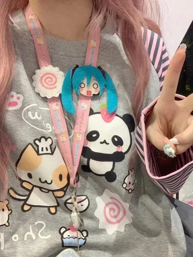 Color: Beige, Size: L - Grey Pink Striped Panda Print Long Sleeve Shirts Y2k Cartoon Japanese Harajuku Kawaii Loose Hoodie Women Spring New Tees