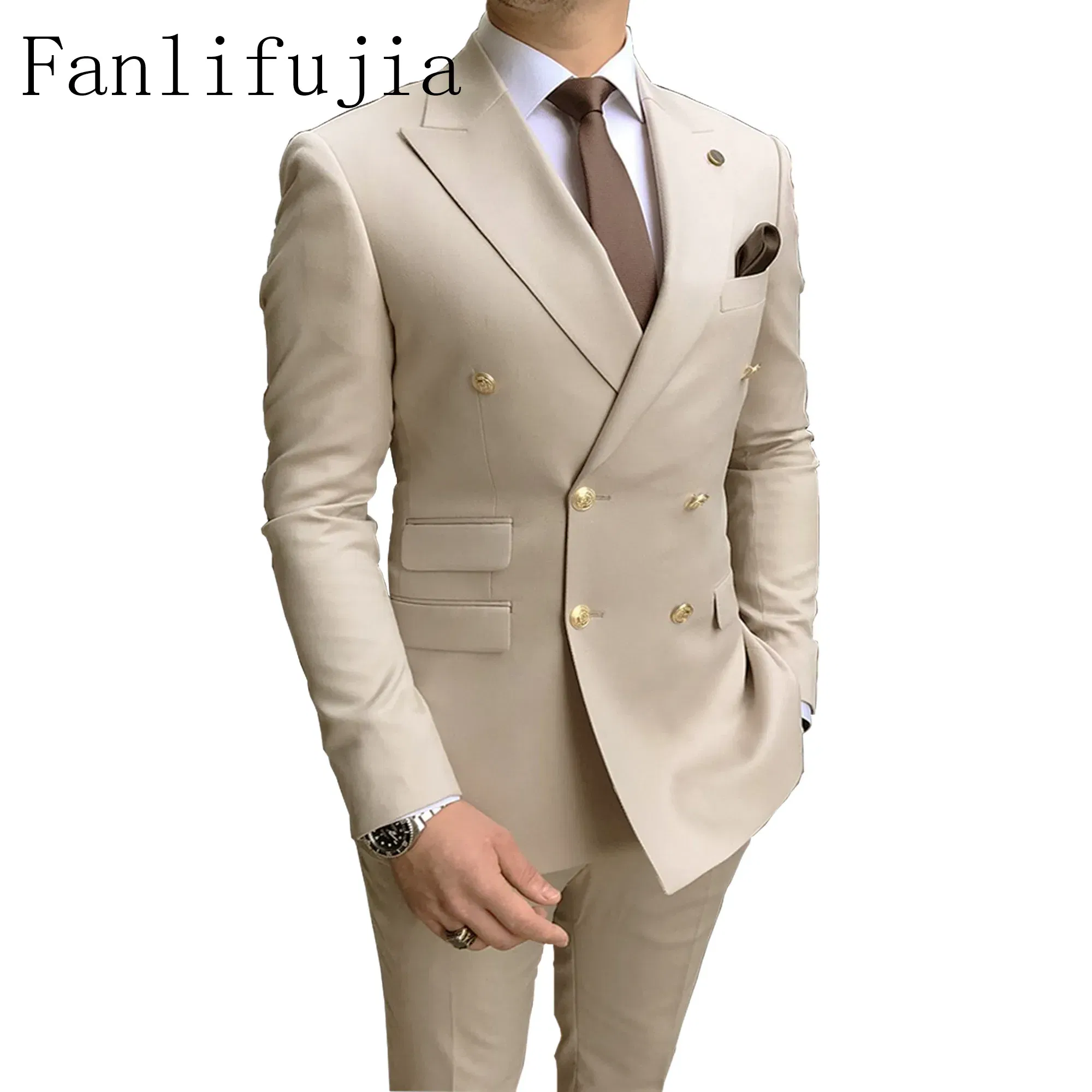 Color: WHITE, Size: 5XL - Fanlifujia Store 2024 Casual Sky Blue Men Suits Double Brested Peak Lapel  Gold Button Groom Wedding Tuxedos Best Costume Homme