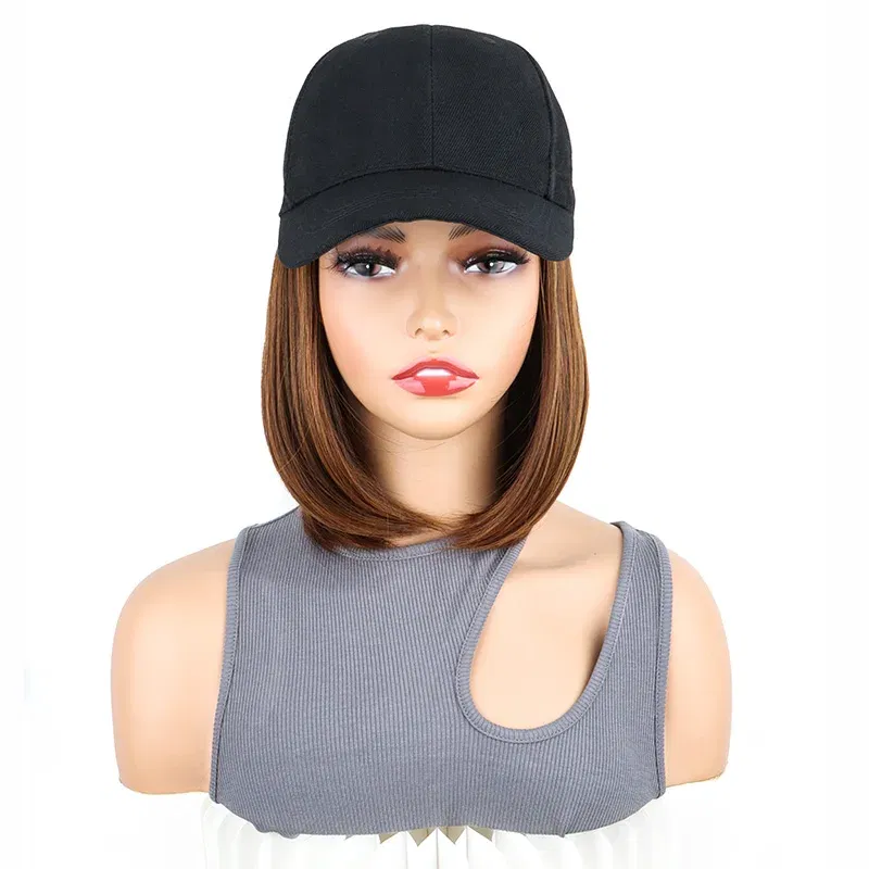 Color: Ivory - Synthetic Short Straight Bobo Hat Wigs Baseball Cap Adjustable Black Brown Hairpiece for Women