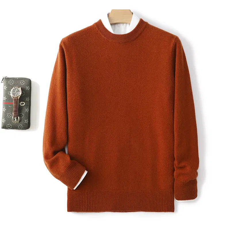 Color: Brown, Size: XXL, Ships From: CHINA - Men's 100% Pure Wool Cashmere Sweater O-Neck Pullover Knit Sweater Autumn and Winter New Long Sleeve High-End Jumpers Thick Tops
