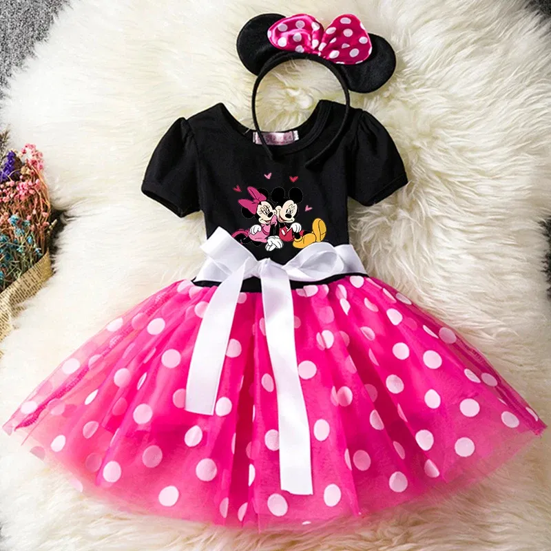 Color: Lavender, Size: XS - Mickey Minnie Mouse Cartoon Kids Short Sleeve Polka Dot Princess Dress Party Baby Girls Clothes Cosplay Costumes 1-6Y
