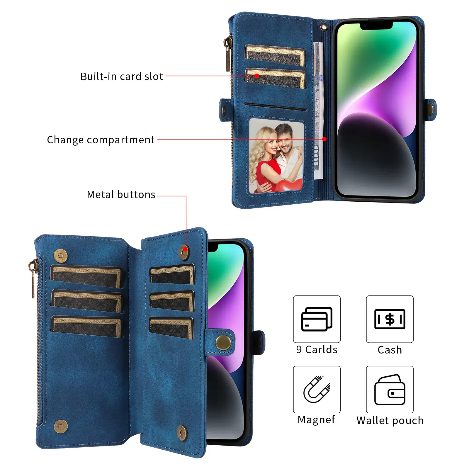 Color: black, Material: ABS - Zipper Multi 9 Cards Wallet Case for OPPO Reno 12 10 8 7 6 5 Pro 11F 11A 8T 6Z 5Z Retro Leather Lanyard Wrist Strap Phone Cover