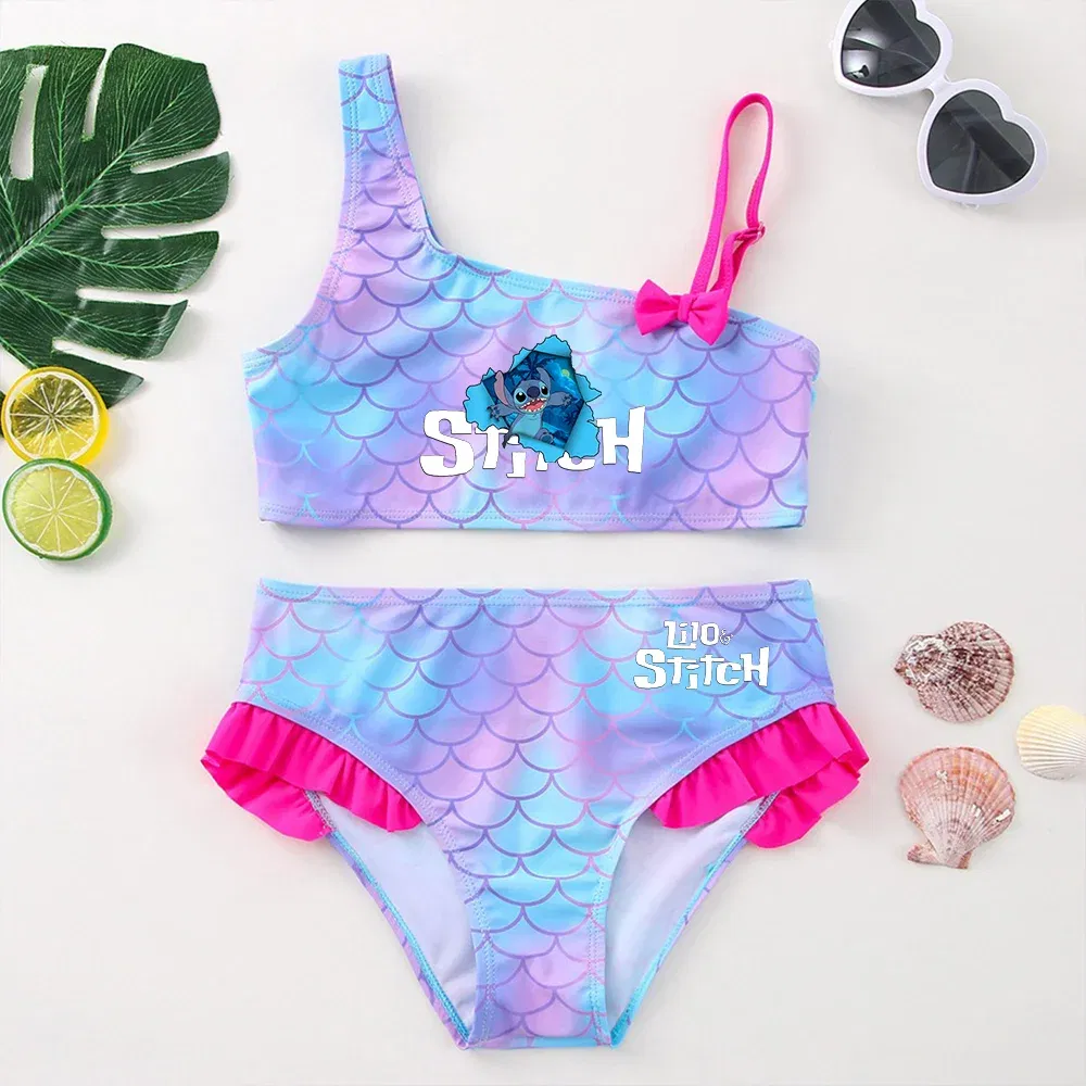 Color: Pink, Size: S - Lilo Stitch Girls Tankini Swimsuits Summer Beach wear Children Kids Wear Bathing Suits Two-pieces Bikini Dresses Fashion