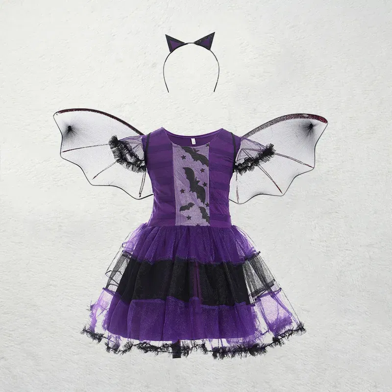 Kid Size: 17, Color: green - Halloween Children Purple Vampire Costume Girls Dress Kids Clothes Baby Bat Spider Party Cosplay Headband +Wing Outfit