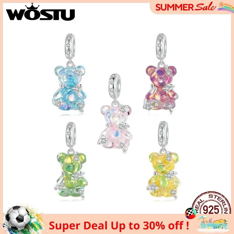 Gem Color: Red - WOSTU Real 925 Sterling Silver Princess Pink Bear Bead Blue Rose Red Bears Pendant Charms Fit Bracelet Neckalce DIY Bithday Gift