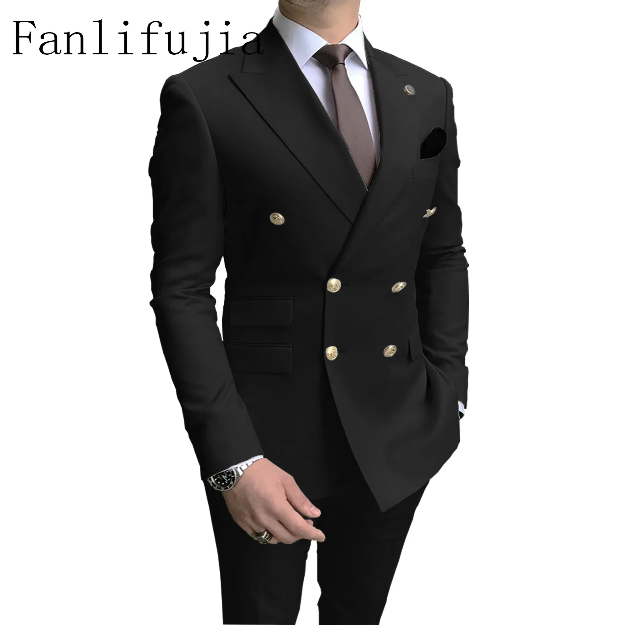 Color: black, Size: XXL - Fanlifujia Store 2024 Casual Sky Blue Men Suits Double Brested Peak Lapel  Gold Button Groom Wedding Tuxedos Best Costume Homme
