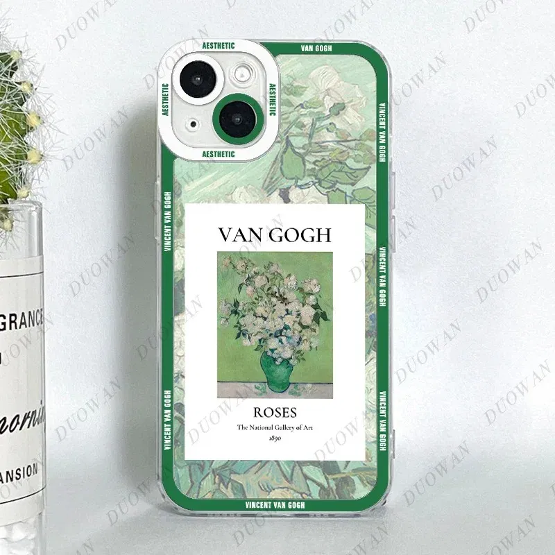 Color: green, Material: Artificial Leather - Van Gogh Oil Painting Phone Case For iPhone 11 12 13 14 15 16 Pro Max XR X XS Mini 8 7 Plus SE 2020 2022 Transparent Case