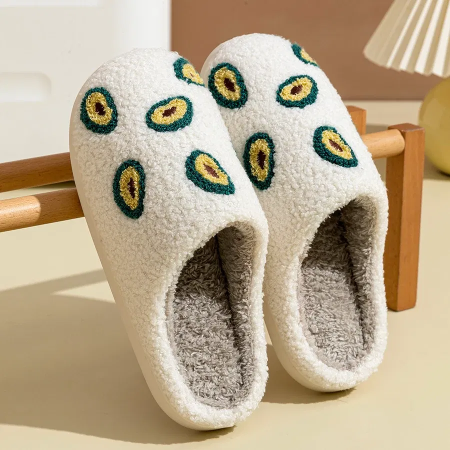 Color: WHITE, Shoe Size: 4 - Cute Avocado Women Slippers Winter Warm Indoor Fruit Cartoon Funny Soft Non-slip Slipper Cherry Strawberry Comfy Cotton Shoes