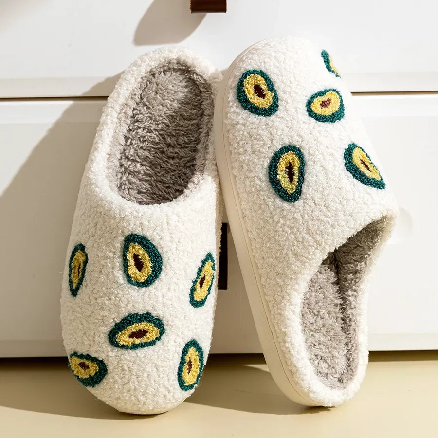 Color: WHITE, Shoe Size: 4 - Cute Avocado Women Slippers Winter Warm Indoor Fruit Cartoon Funny Soft Non-slip Slipper Cherry Strawberry Comfy Cotton Shoes