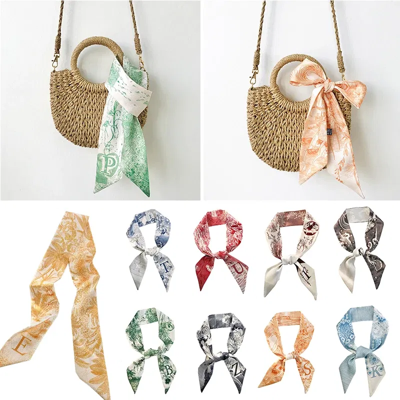 Color: Orange - Sketch Style 26 Letters Temperament Small Scarf Long Silk Scarf Hair Band Narrow Headband Hair Tie Bag Handle Hair Accessories