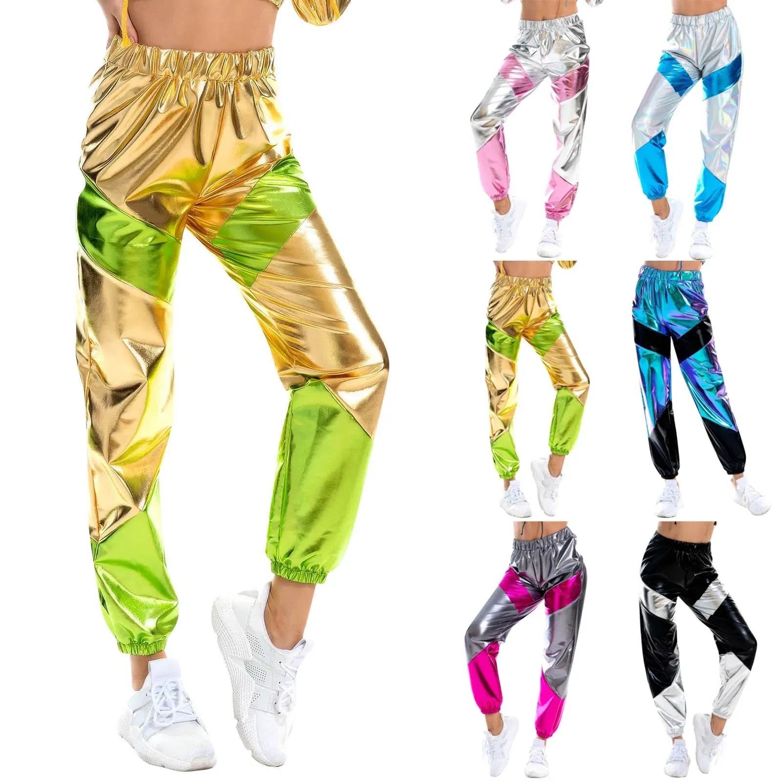 Color: Silver, Size: XXL - Women'S Shiny Trousers Elastic Sports Leisure Casual Long Sweatpants Jogging Bottoms Stretch Leggings Party Disco Clubwear