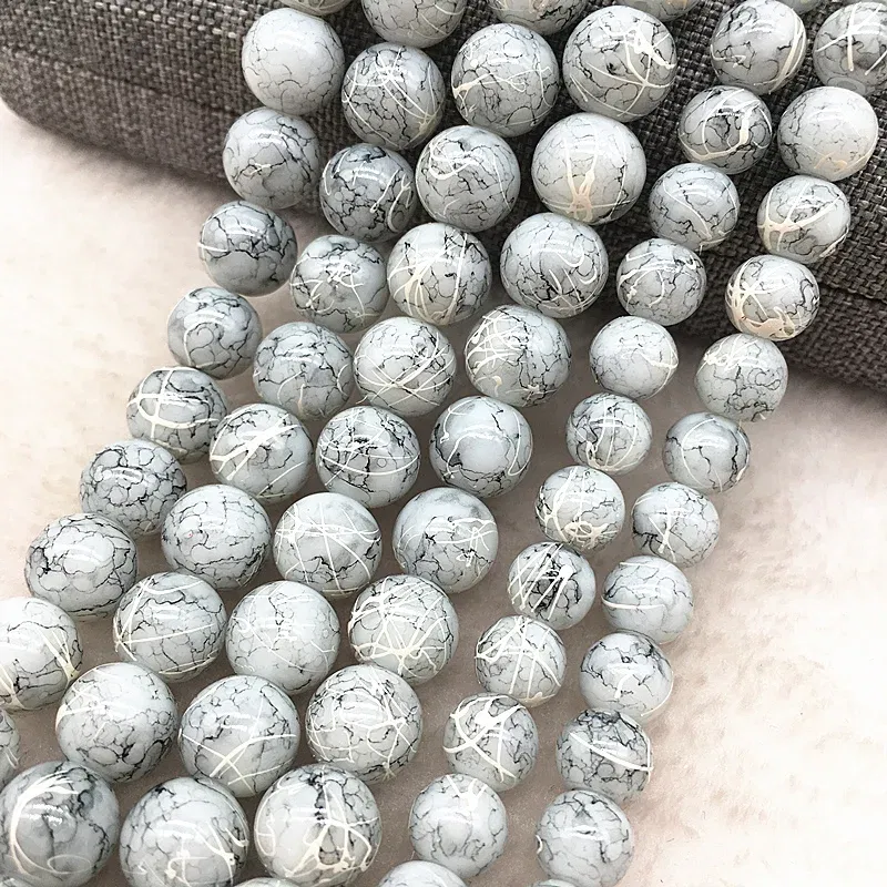 Color: Dark Grey, Item Diameter: 6mm - Wholesale 4/6/8/10mm Glass Beads Round Loose Spacer Beads Pattern For Jewelry Making DIY Bracelet Necklace