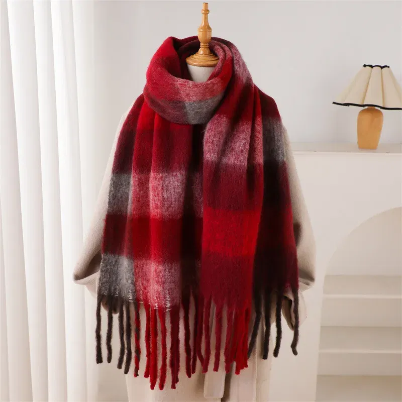 Color: Beige, Size: One Size - 2025 NEW Luxury Cashmere Women Plaid Scarf Winter Warm Shawl and Wrap Bandana Pashmina Long Tassel Female Foulard Thick Blanket