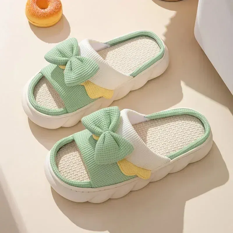 Color: Beige, Shoe Size: 40 - Linen Slippers Women Indoor Slippers Comzy Anti-Slip House Cotton Shoes Cute Bowknot Flat Slipper Couples Slides Spring Summer