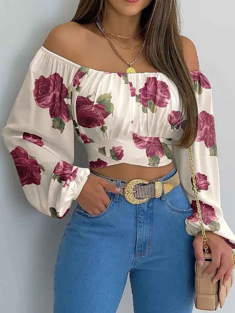Color: Blue, Size: S - Women Sexy Off Shoulder Blouse Chic and Elegant Printing Lantern Long Sleeve Lace Up Bow Cropped Tops Casual Slim Shirts 2024