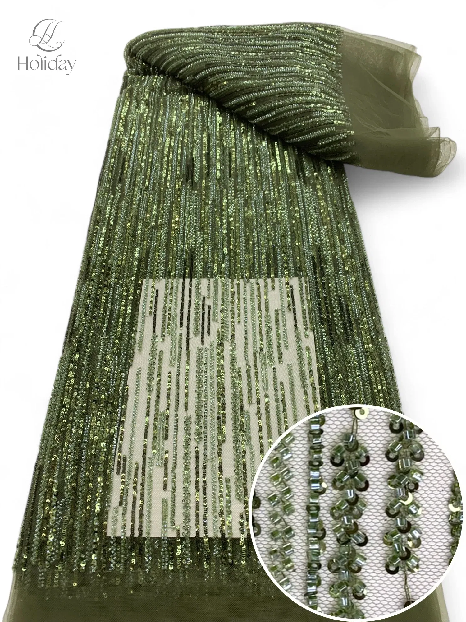 Color: Ivory, Width: 130cm, Length: 3 YARDS - 3Y/piece Latest Nigerian Sequins Lace Fabric  Beaded Lace Fabric Luxury French Embroidery Groom Lace Fabric For Wedding Dress