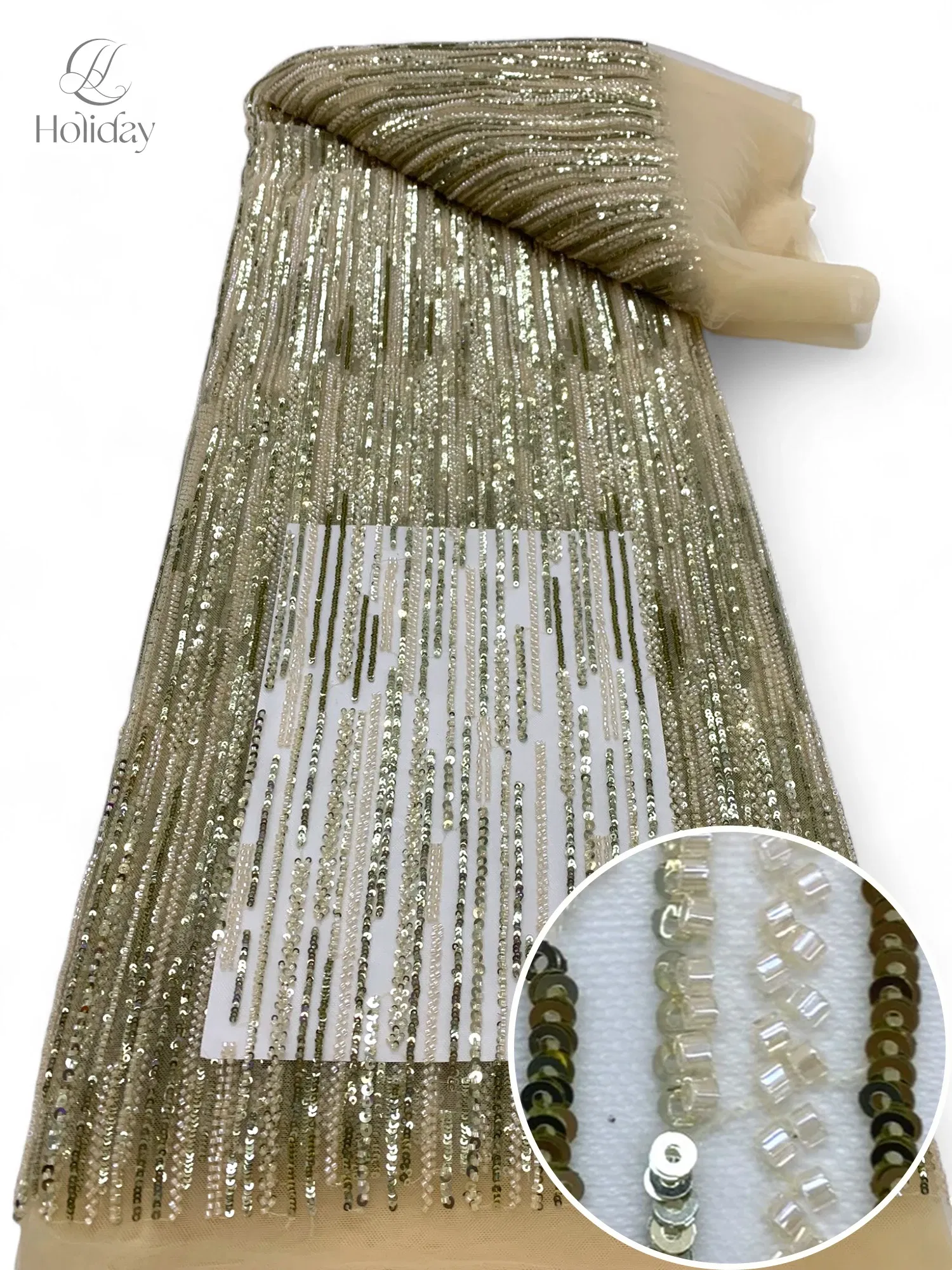 Color: Ivory, Width: 130cm, Length: 3 YARDS - 3Y/piece Latest Nigerian Sequins Lace Fabric  Beaded Lace Fabric Luxury French Embroidery Groom Lace Fabric For Wedding Dress