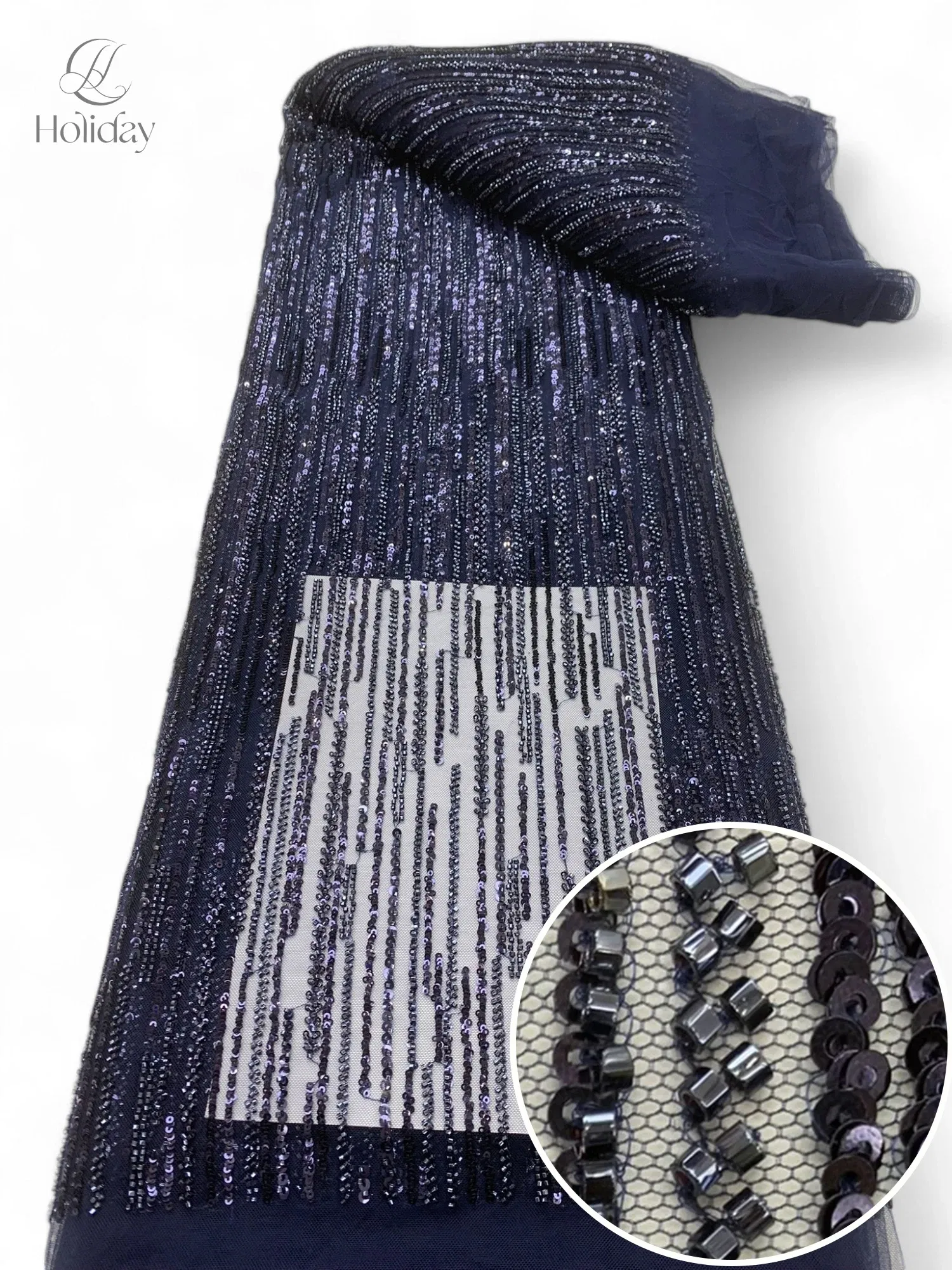 Color: Ivory, Width: 130cm, Length: 3 YARDS - 3Y/piece Latest Nigerian Sequins Lace Fabric  Beaded Lace Fabric Luxury French Embroidery Groom Lace Fabric For Wedding Dress