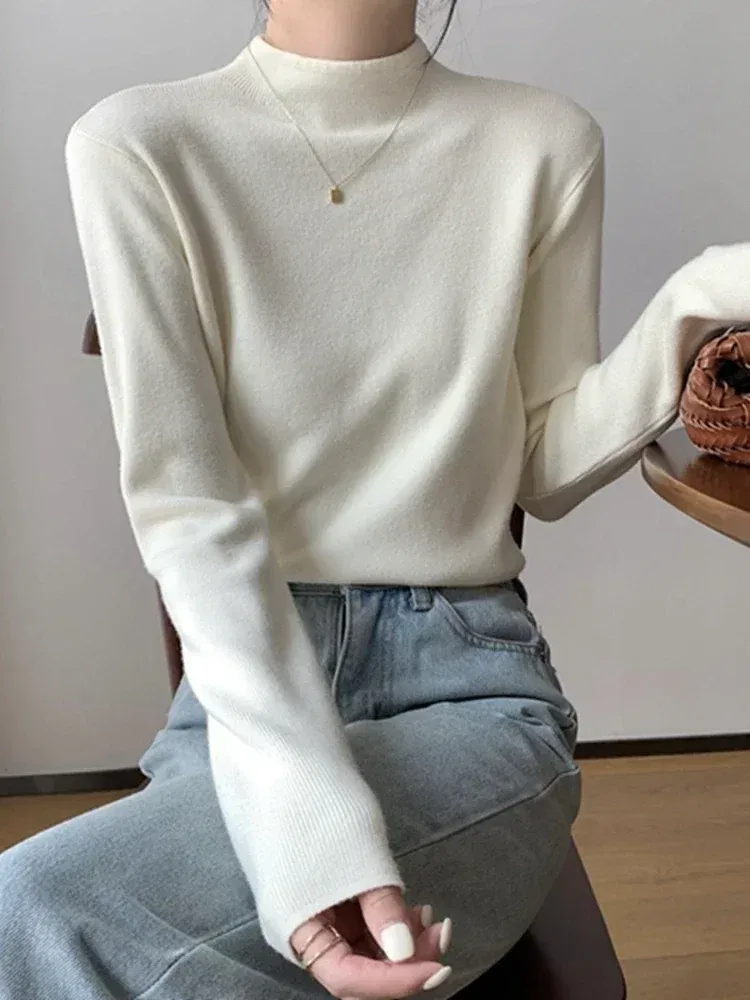 Color: Yellow, Size: One Size - 2025 Women Turtleneck Knitted Pullovers Solid Sweater Harajuku Korean Soft Warm Knitwear Autumn Winter Fashion Slim Jumpers Tops