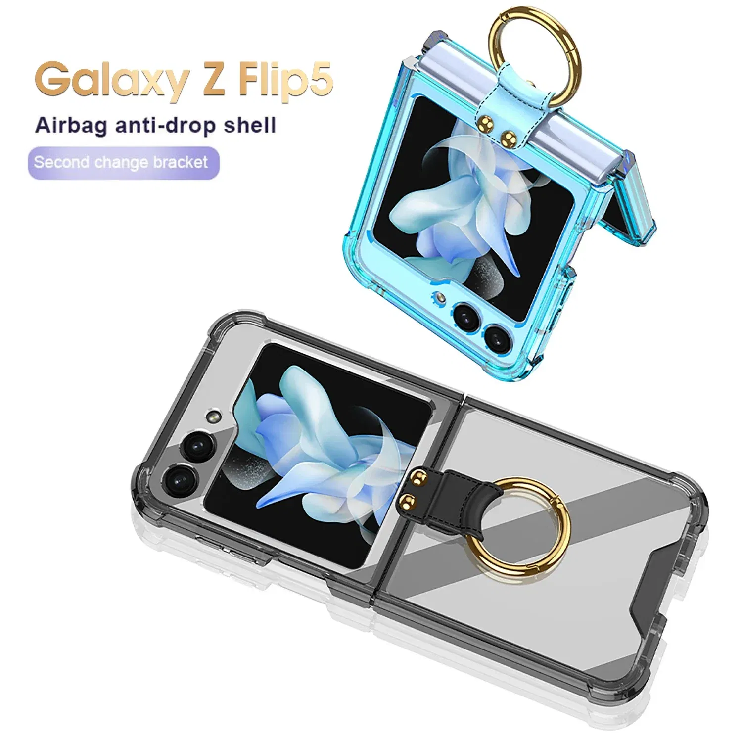 Material: ABS, Color: Beige - Transparent Electroplated Airbag Ring Phone Case for Samsung Galaxy Z Flip 5 4 3 5G Flip5 Flip4 Flip3 5G Stand Shockproof Cover