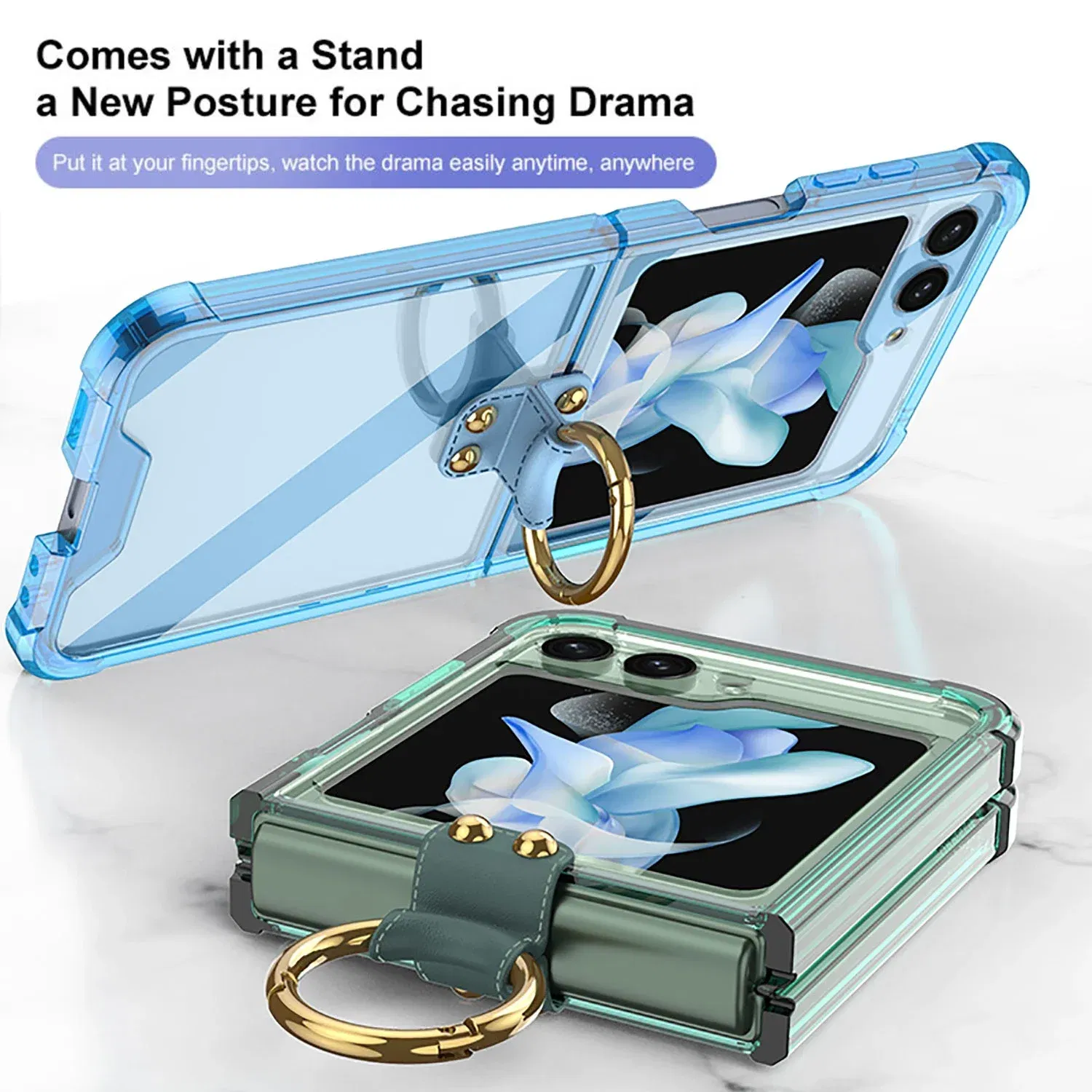 Material: ABS, Color: Beige - Transparent Electroplated Airbag Ring Phone Case for Samsung Galaxy Z Flip 5 4 3 5G Flip5 Flip4 Flip3 5G Stand Shockproof Cover