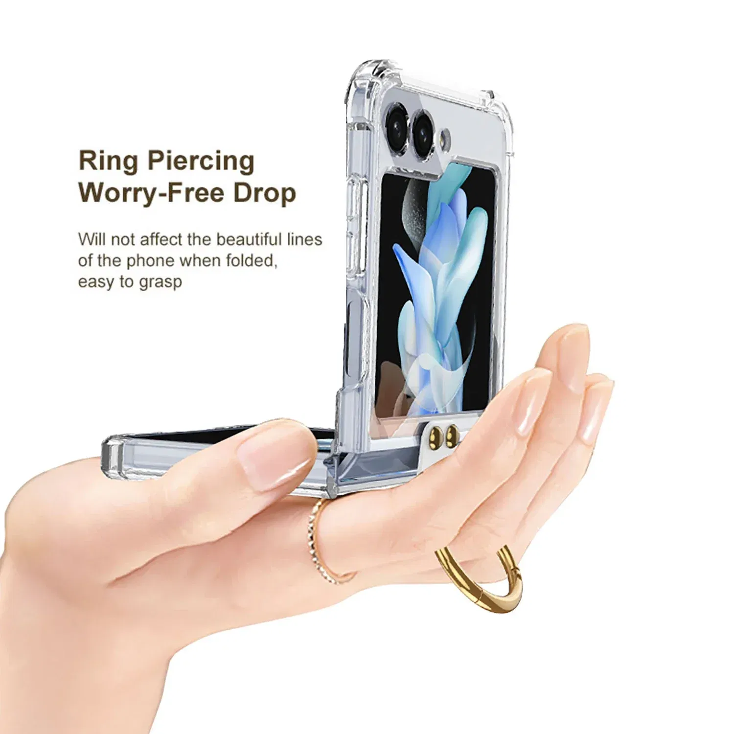 Material: ABS, Color: Beige - Transparent Electroplated Airbag Ring Phone Case for Samsung Galaxy Z Flip 5 4 3 5G Flip5 Flip4 Flip3 5G Stand Shockproof Cover