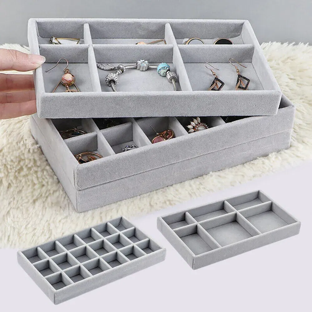 Color: Black - Velvet Jewelry Storage Box Necklace Stackable Display Tray Bracelet Earring Organizers DIY Handicrafts Drawer Box Organizer Box