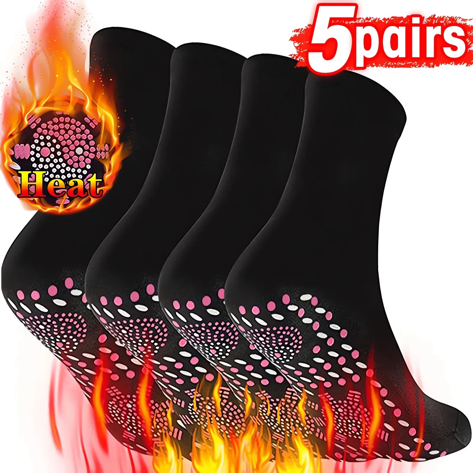 Color: Yellow - 1/5pairs Tourmaline Self-Heating Socks Winter Warm Thermal Health Care Socks Slimming Health Short Sock Magnetic Therapy Sock