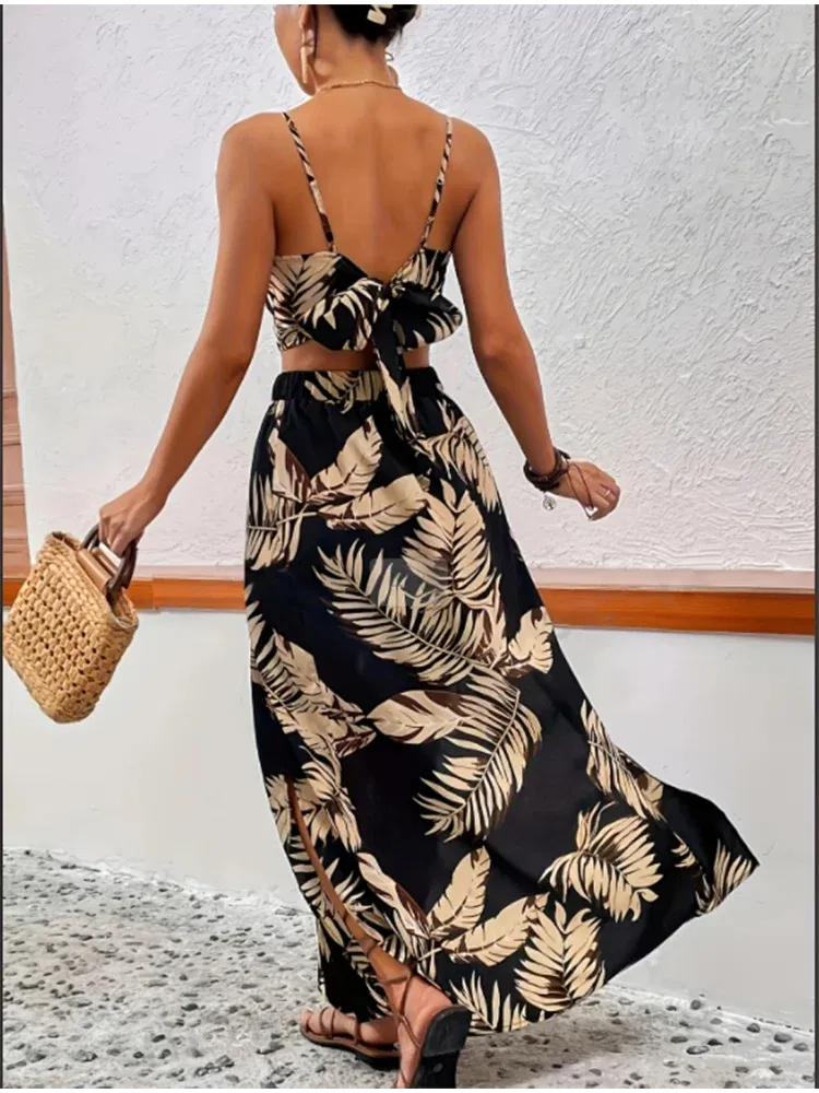 Color: MULTI, Size: XXL - Elegant Deep V-neck Dress Women Summer Sleeveless Printed Vest Skirt Set Sexy High Slit Trend Dresses