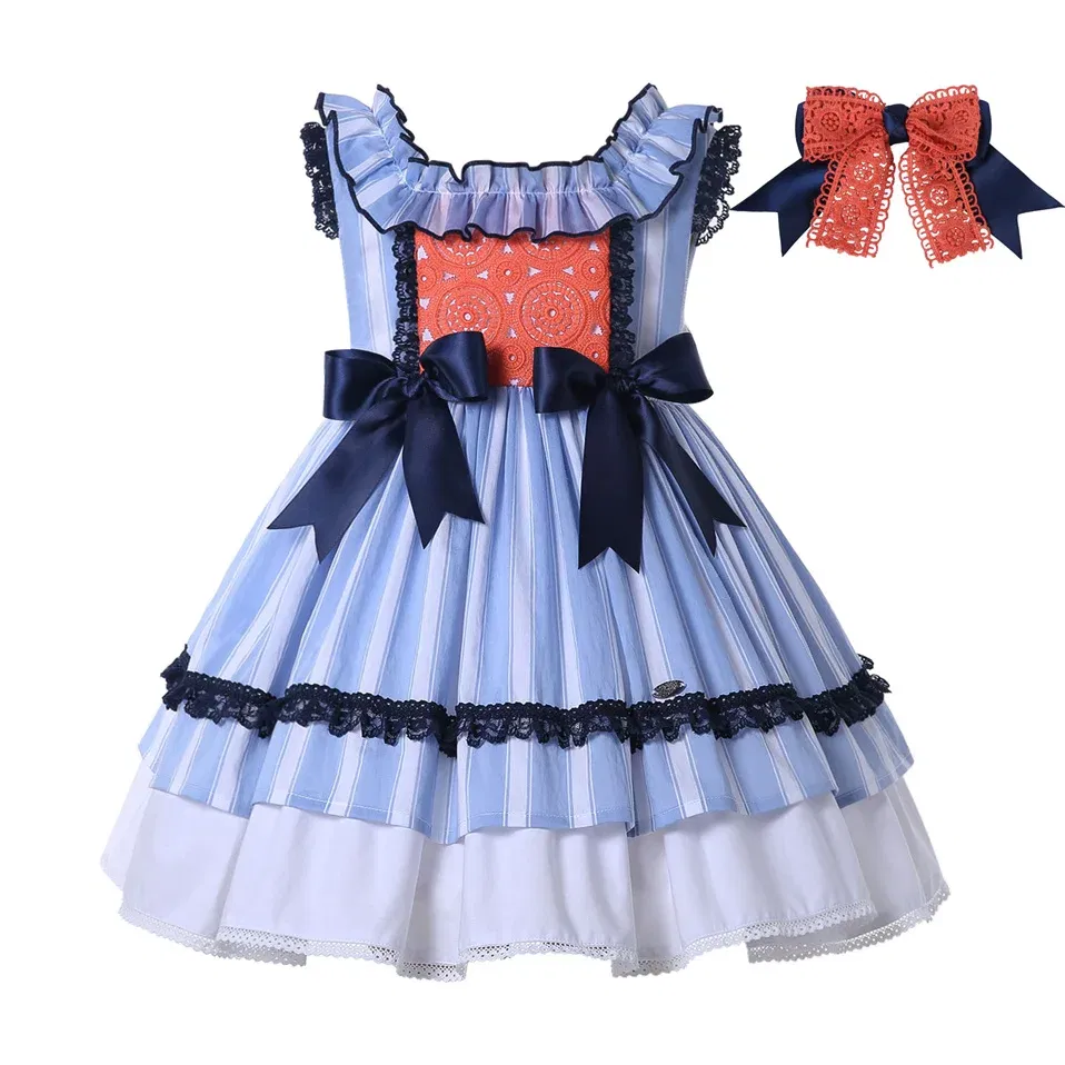 Color: MULTI, Kid Size: 3T - Pettigirl Summer Children Blue Stripe Baby Girls Princess Dresses for Evening Wedding Party Kids Birthday Gifts 2345681012 Years