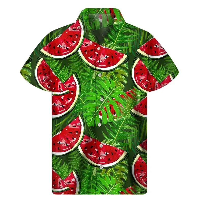 Color: GRAY, Size: 5XL - Tropical Watermelon Graphic Hawaiian Shirt Summer Street Short Sleeves 3d Printed Fruits Button Shirts Men Clothes Lapel Blouse