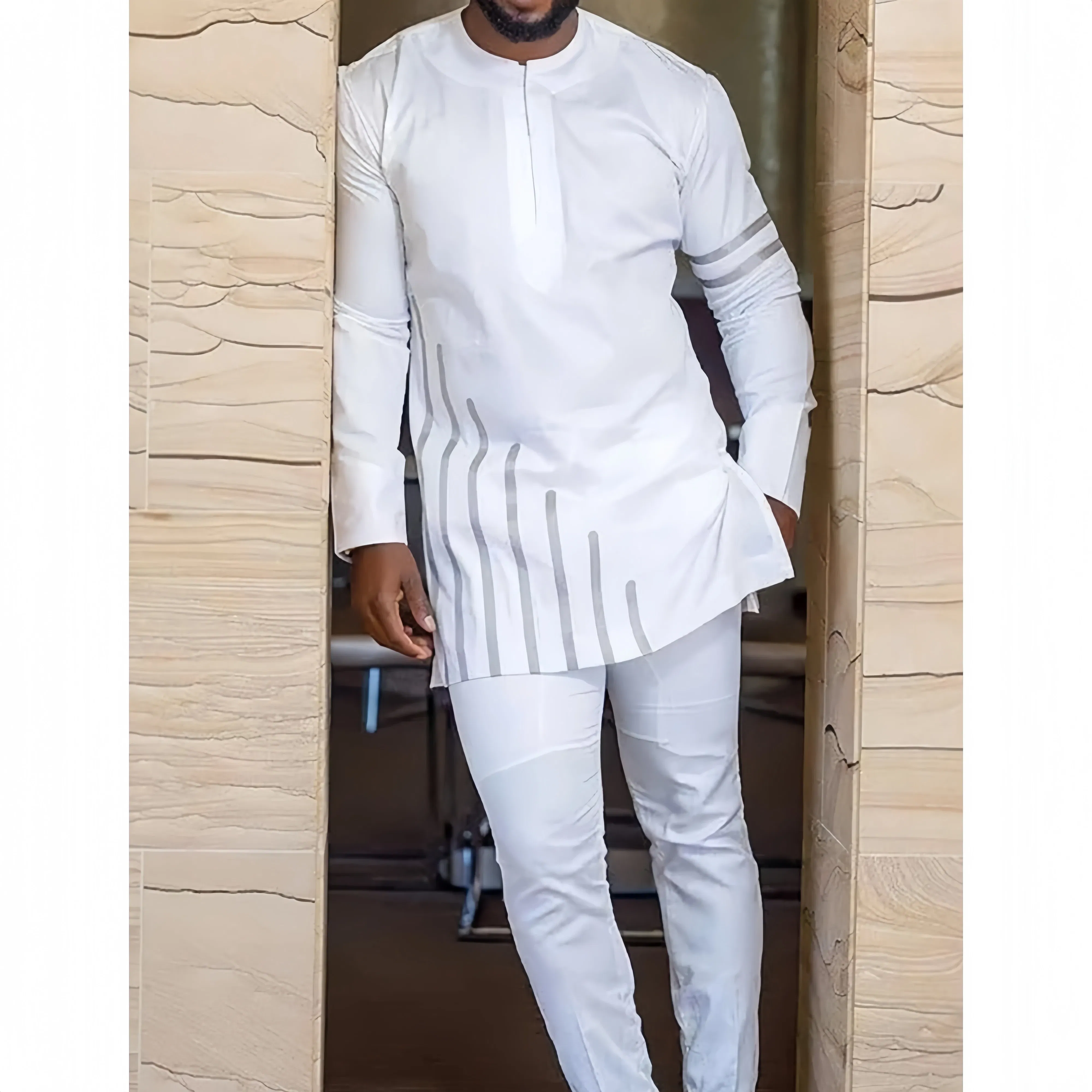 Color: Red, Size: 4XL - New Kaunda Boutique Men's Set Fashionable Red Luxury Grand Round Neck Embroidery Slim Fit Two Piece Wedding Festival Set