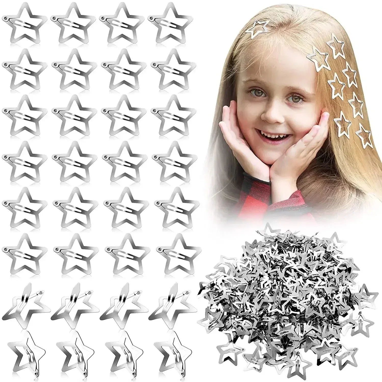 Color: Black - 10/25/50/100/200pcs Sliver Y2K Star BB Hair Clips for Girl Metal Snap Hairpins Barrettes Women Filigree Styling Hair Accessorie