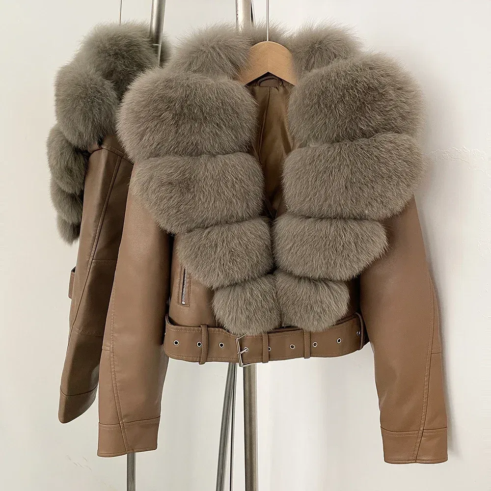 Color: Burgundy, Size: L - Fake Leather Coat New Natural Fox Fur Autumn Short Faux Leather Jacket Female Spring PU Women Long Sleeve Real Fur Coat Thin