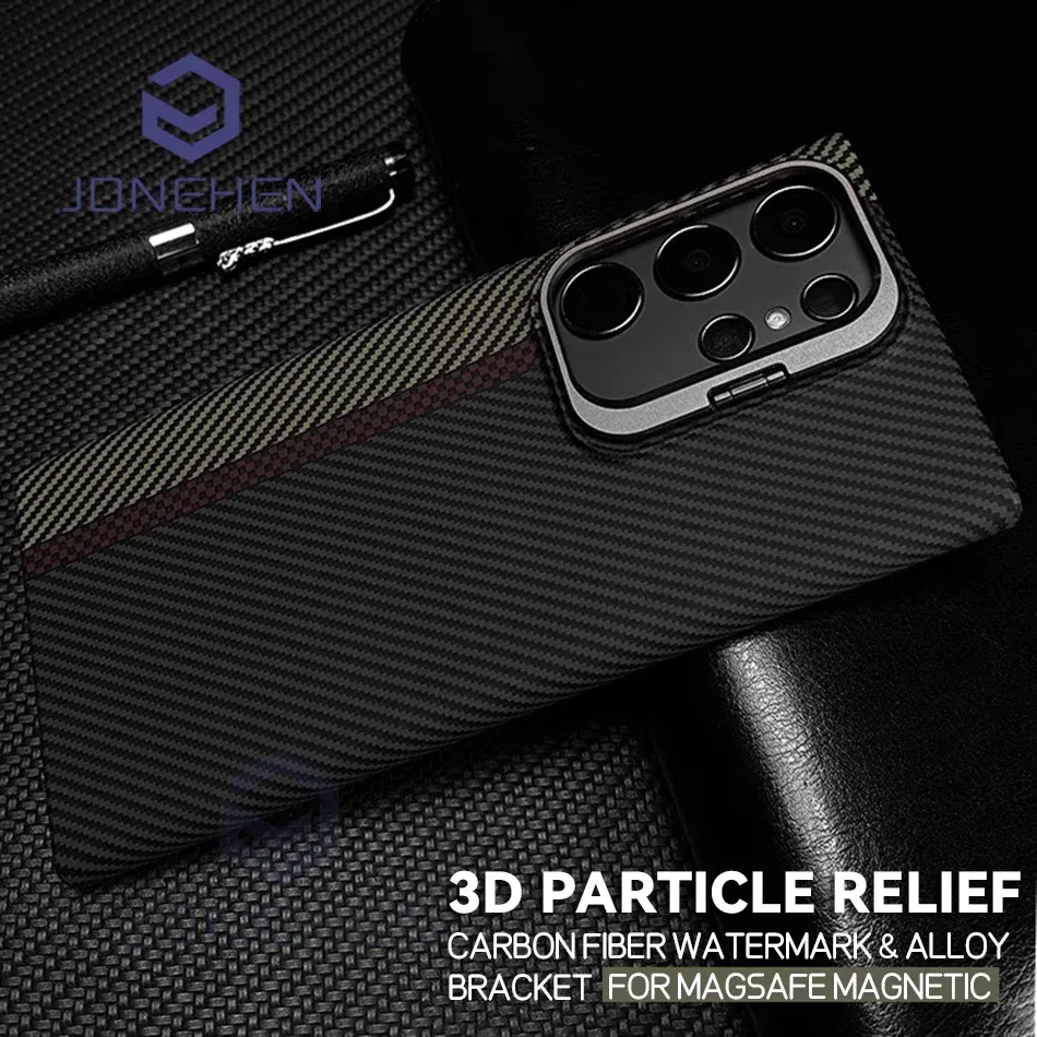 Color: Beige, Material: Plastic - Magnetic Pixel Carbon Fibre Pattern Slim Case For Samsung Galaxy S24 Plus S23 Ultra Luxury Shockproof Hard Cover Stand Metal Len