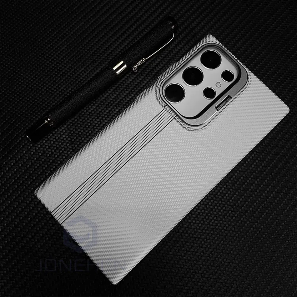 Color: Beige, Material: Plastic - Magnetic Pixel Carbon Fibre Pattern Slim Case For Samsung Galaxy S24 Plus S23 Ultra Luxury Shockproof Hard Cover Stand Metal Len