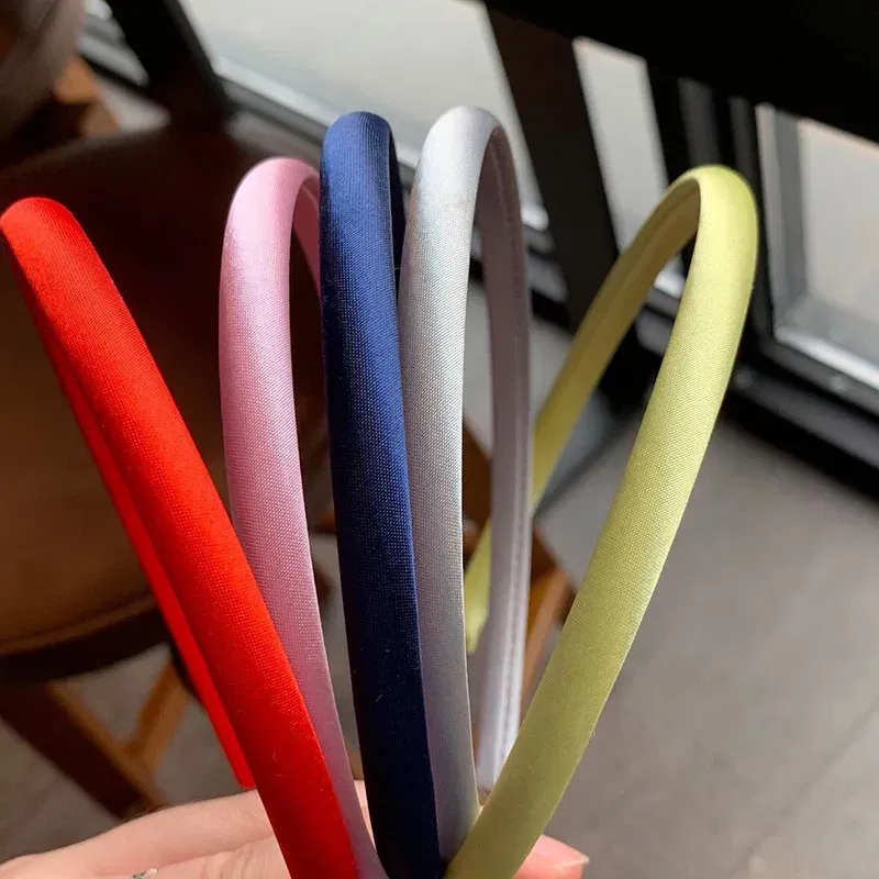 Color: Pink - Red Blue Green Satin Headband for Women girls Kids Hair band Solid Color Thin Elastic Hair Hoop Accessories Headpiece