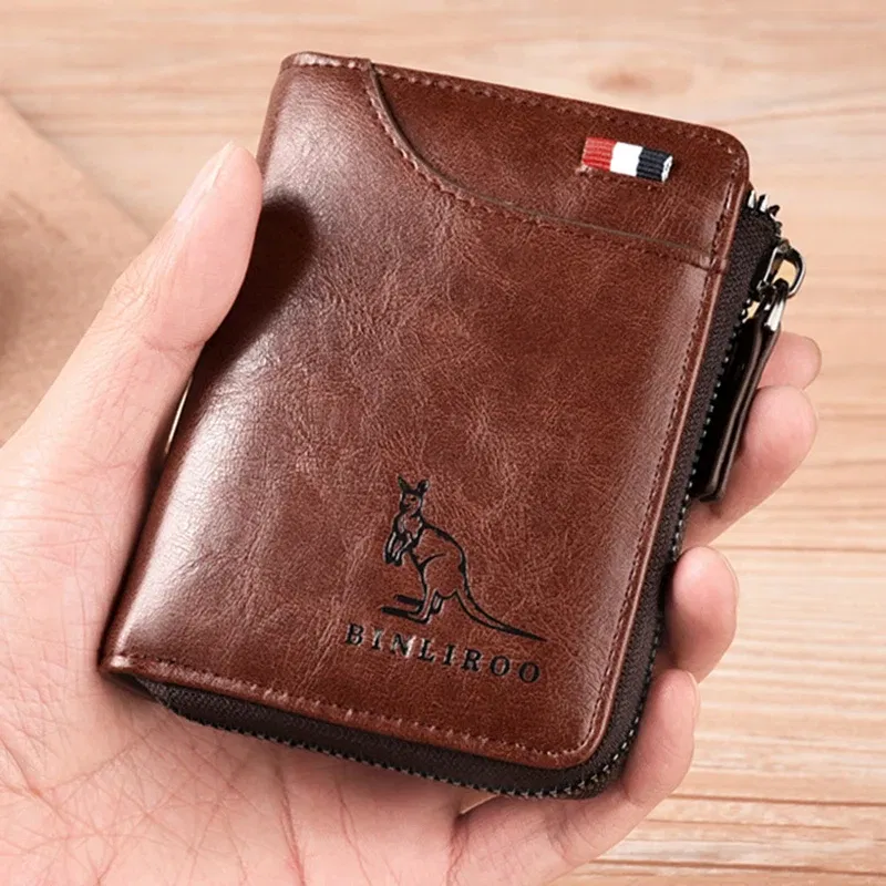 Color: Coffee - Luxury Designer Leather Men's Wallet RFID Zipper Card Holder Wallets for Men Portable Short Male Wallets Handbag