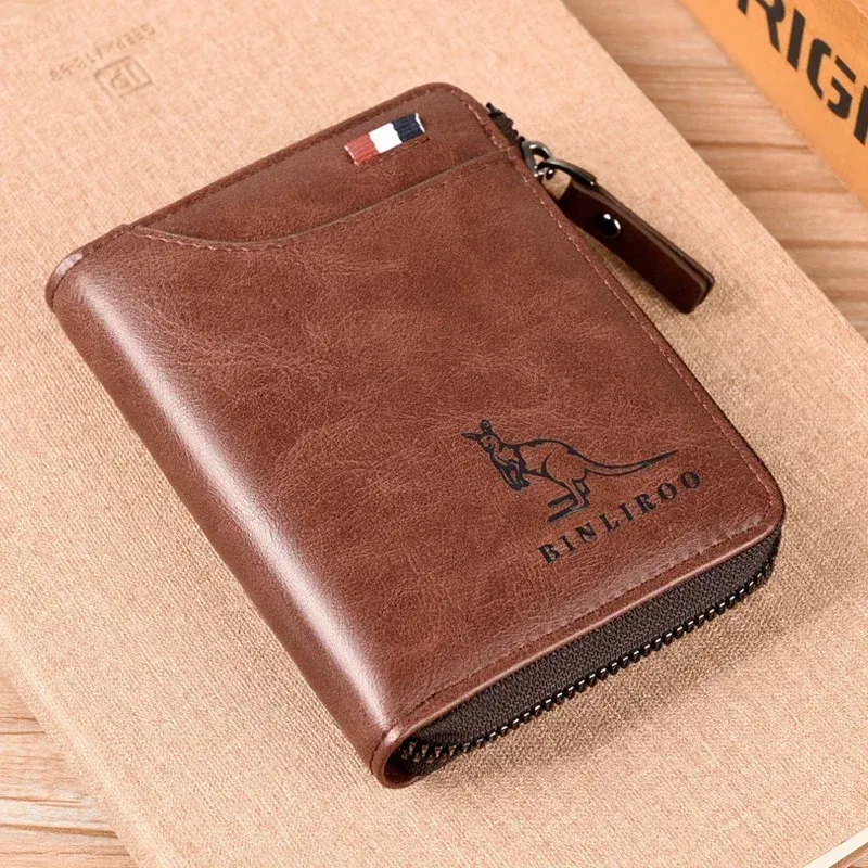 Color: Coffee - Luxury Designer Leather Men's Wallet RFID Zipper Card Holder Wallets for Men Portable Short Male Wallets Handbag