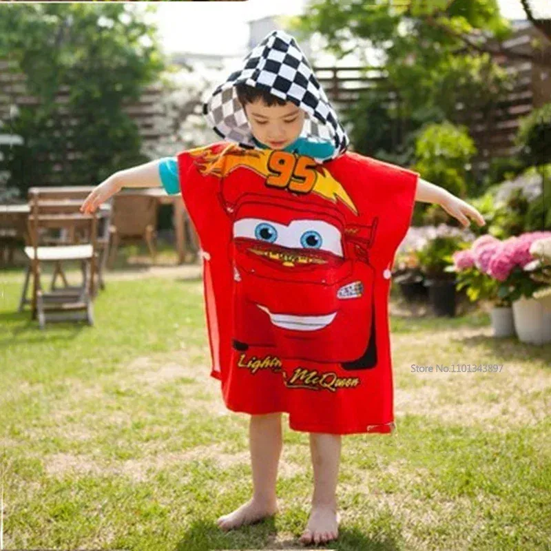 Color: Red - Disney Kids Hooded Bath Towel Child Breathable Beach Towel Mickey Minnie McQueen Car Cartoon Boy Girl Towel 60x120cm