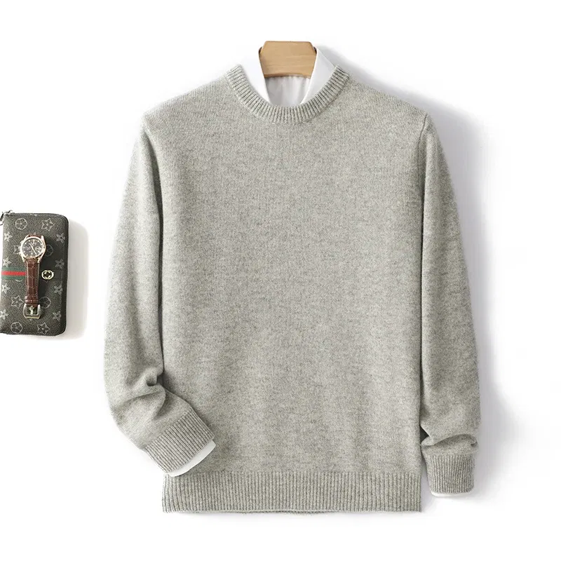 Color: Light Grey, Size: L, Ships From: CHINA - Men's 100% Pure Wool Cashmere Sweater O-Neck Pullover Knit Sweater Autumn and Winter New Long Sleeve High-End Jumpers Thick Tops