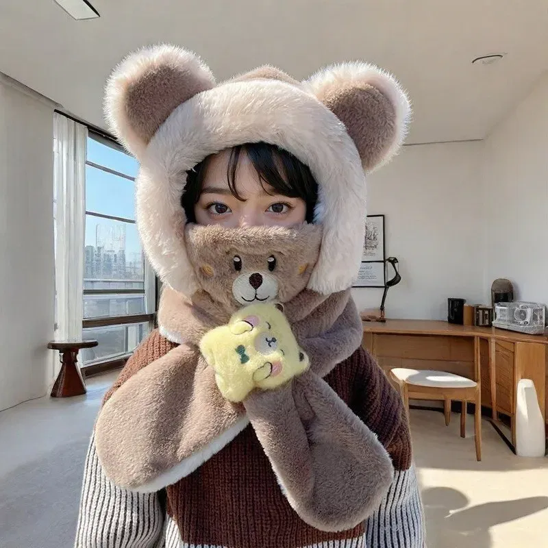 Color: Red - Winter Children One Piece Scarf Hat+Mask Cute Cartoon Baby Ear Protection Cap 1-6year Kids Plush Cross Neckerchief Warm Beanies