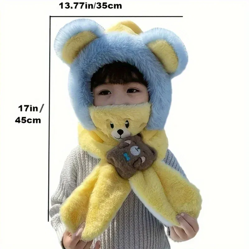 Color: Red - Winter Children One Piece Scarf Hat+Mask Cute Cartoon Baby Ear Protection Cap 1-6year Kids Plush Cross Neckerchief Warm Beanies