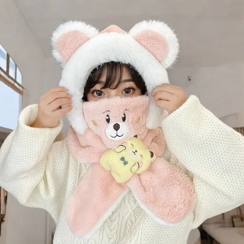 Color: Red - Winter Children One Piece Scarf Hat+Mask Cute Cartoon Baby Ear Protection Cap 1-6year Kids Plush Cross Neckerchief Warm Beanies