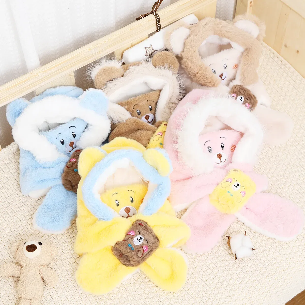 Color: Red - Winter Children One Piece Scarf Hat+Mask Cute Cartoon Baby Ear Protection Cap 1-6year Kids Plush Cross Neckerchief Warm Beanies