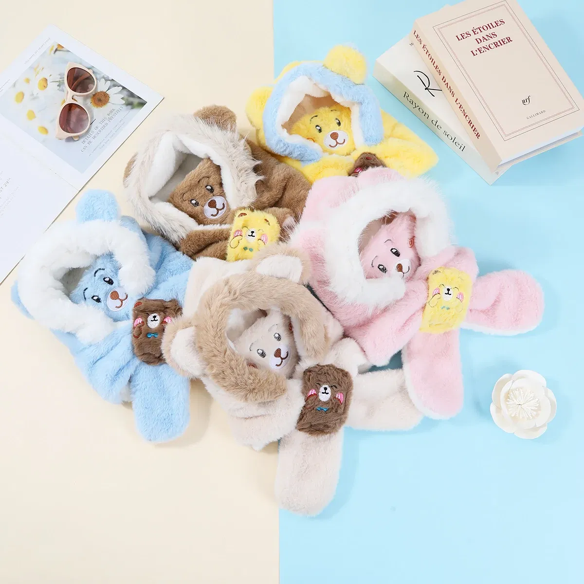 Color: Red - Winter Children One Piece Scarf Hat+Mask Cute Cartoon Baby Ear Protection Cap 1-6year Kids Plush Cross Neckerchief Warm Beanies