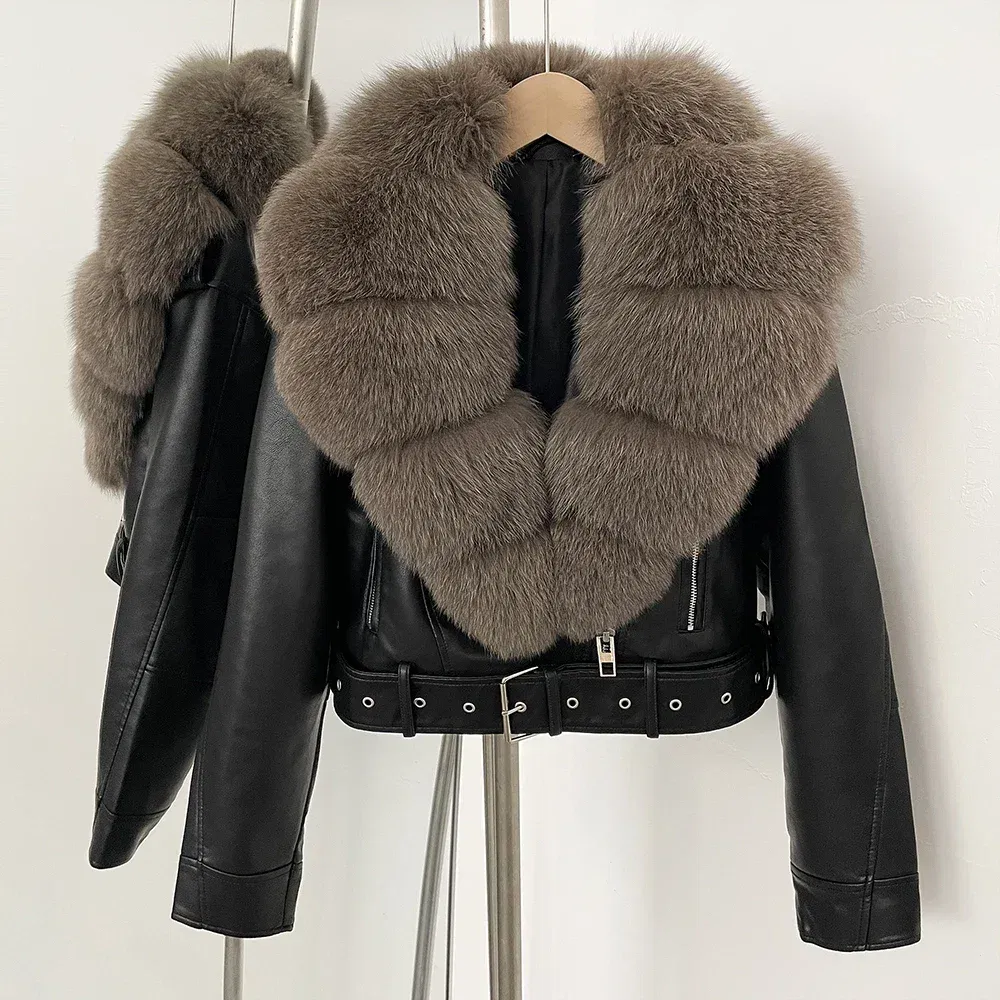 Color: army green, Size: L - Fake Leather Coat New Natural Fox Fur Autumn Short Faux Leather Jacket Female Spring PU Women Long Sleeve Real Fur Coat Thin