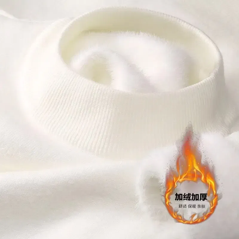 Color: Beige, Size: XXXL - Plush Men's Knitted Sweater Turtleneck with Velvet Padded Warm Solid Pullovers Autumn Winter Thick Bottom Casual O-Neck Sweater